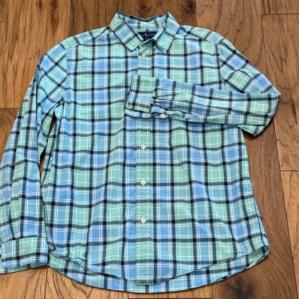 Ralph Lauren Kids XL 18-20 Blue Green Plaid‎ Cotton Button Down Shirt Pony Logo